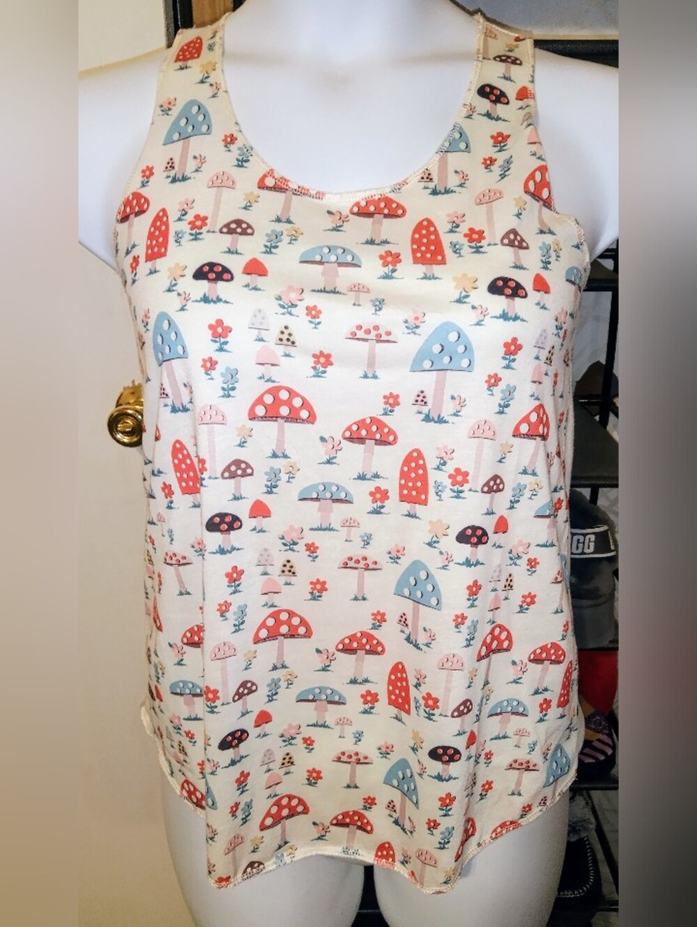 NWOT Adorable Cream Color Tank Top With Multi Color Mushrooms🍄 Size~Small.